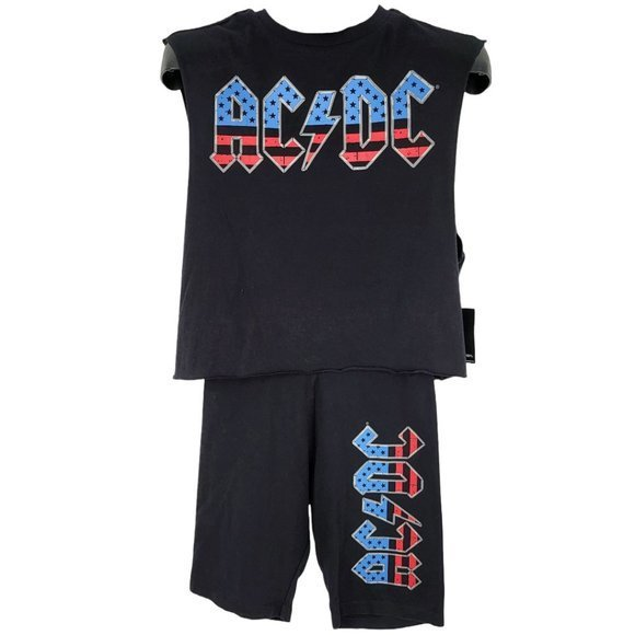 AC/DC Other - AC/DC Womens Medium 2 Piece Outfit Black Sleeveless‎ Crop Top Biker Shorts New